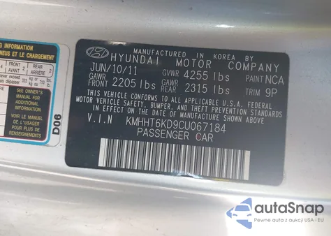 2012 Hyundai Genesis 2.0T z USA, uszkodzony, nr VIN KMHHT6KD9CU067184